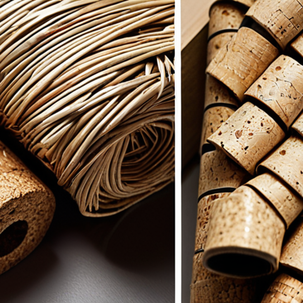 ** A close-up shot of various sustainable materials used in eco-design. Focus on textures and details. Feature recycled plastic with visible markings, bamboo stalks woven together, a sample of cork showing its cellular structure, and a woven linen fabric. The lighting should be soft and natural, highlighting the beauty and potential of these materials.

**