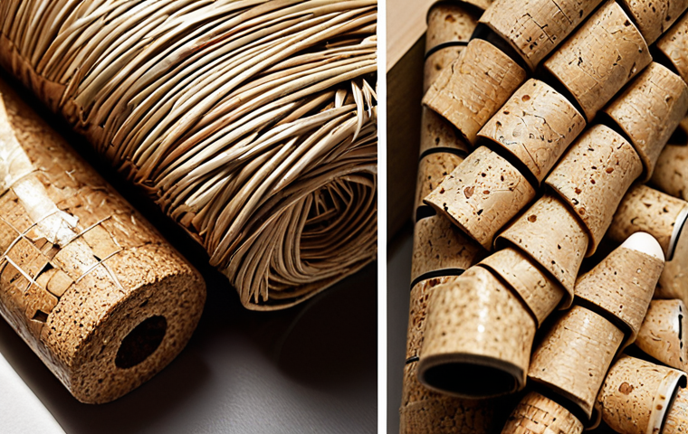 ** A close-up shot of various sustainable materials used in eco-design. Focus on textures and details. Feature recycled plastic with visible markings, bamboo stalks woven together, a sample of cork showing its cellular structure, and a woven linen fabric. The lighting should be soft and natural, highlighting the beauty and potential of these materials.

**