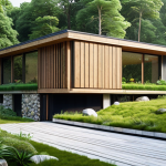 **

"A modern house seamlessly integrated into a lush green landscape. The building features natural materials like wood and stone, a green roof overflowing with plants, and solar panels. Focus on the harmony between architecture and nature, showcasing biophilic design principles."

**