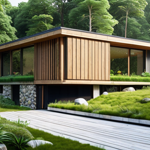 **

"A modern house seamlessly integrated into a lush green landscape. The building features natural materials like wood and stone, a green roof overflowing with plants, and solar panels. Focus on the harmony between architecture and nature, showcasing biophilic design principles."

**