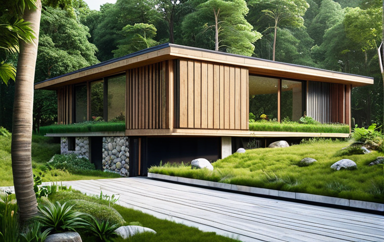 **

"A modern house seamlessly integrated into a lush green landscape. The building features natural materials like wood and stone, a green roof overflowing with plants, and solar panels. Focus on the harmony between architecture and nature, showcasing biophilic design principles."

**